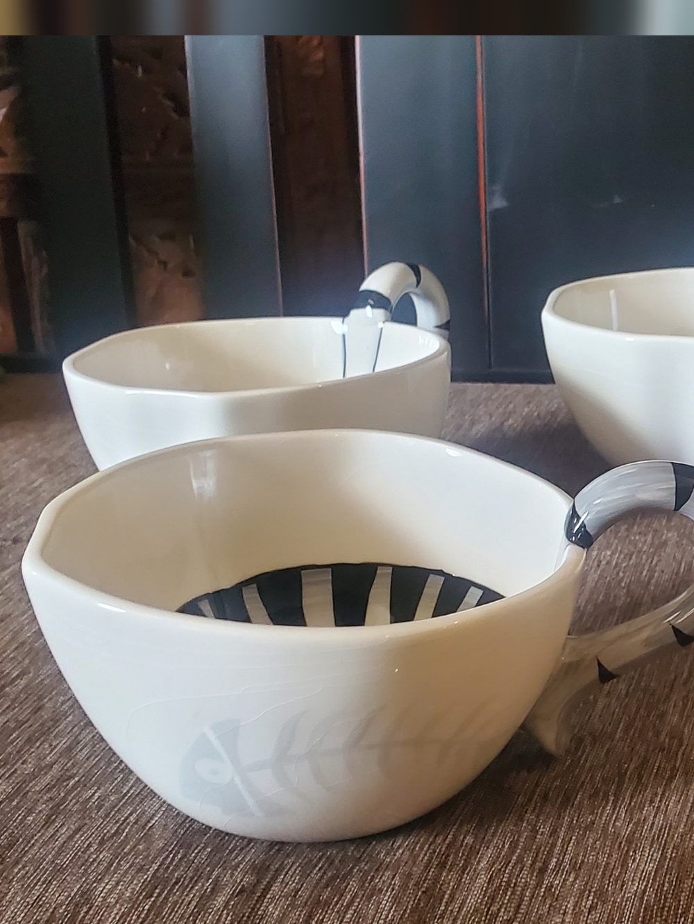Pier 1 White and Black Cat Pattern Ceramic Bowls with Handles - Picture 3 of 8